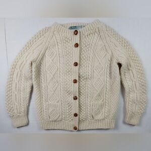 VTG John Molloy Cable Knit Cardigan Womens Off White Wool Donegal Hand Knit